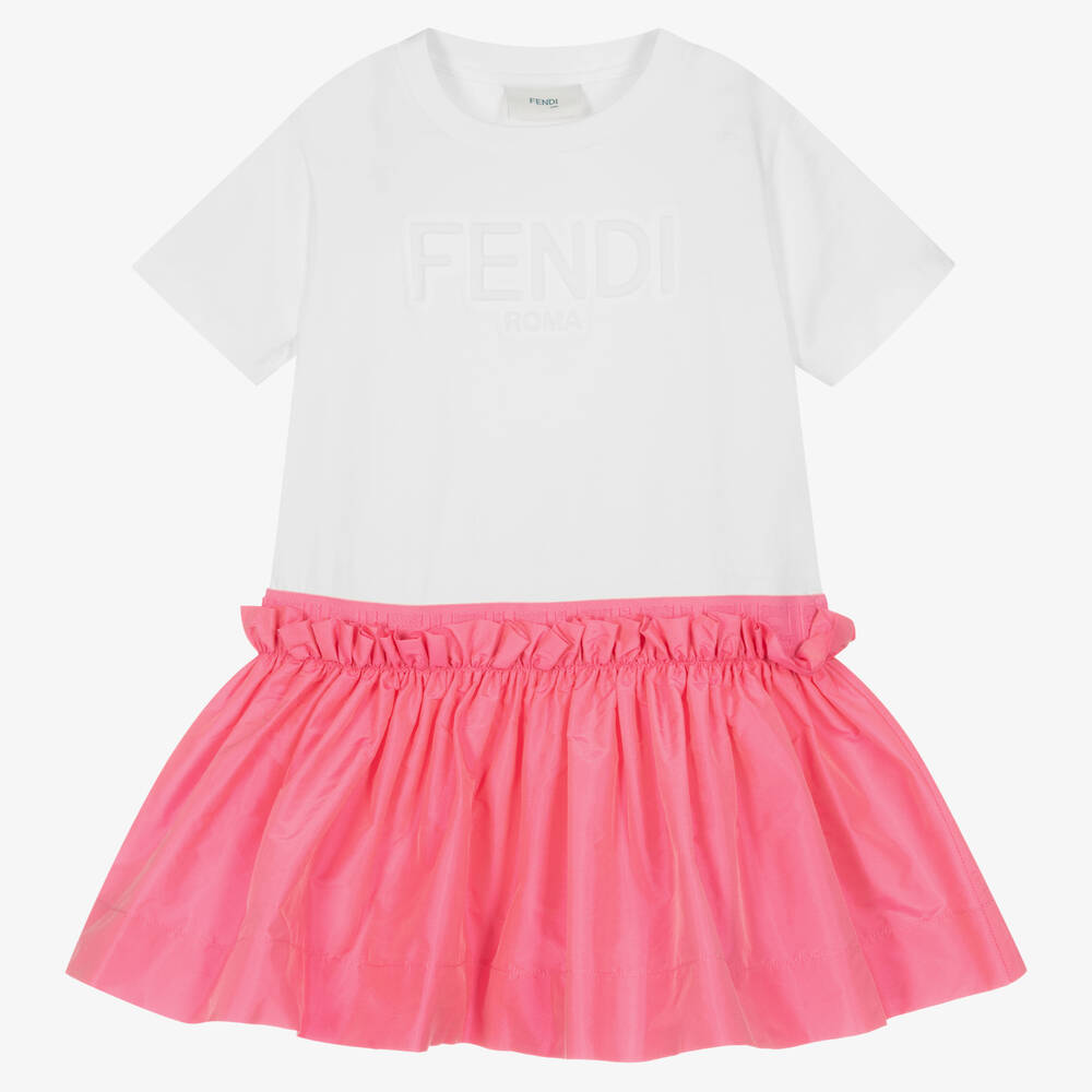 Fendi Kids' Girls Pink & White Cotton Ff Logo Dress In Neutral