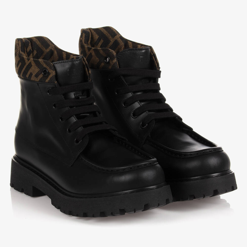 Fendi - Teen Black FF Leather Boots | Childrensalon