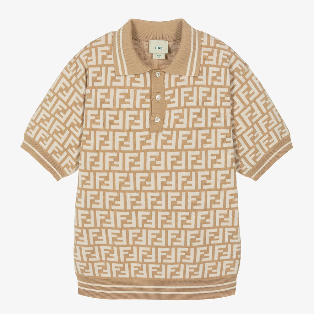 Fendi - Teen Boys Beige Cotton FF Logo Polo Shirt | Childrensalon