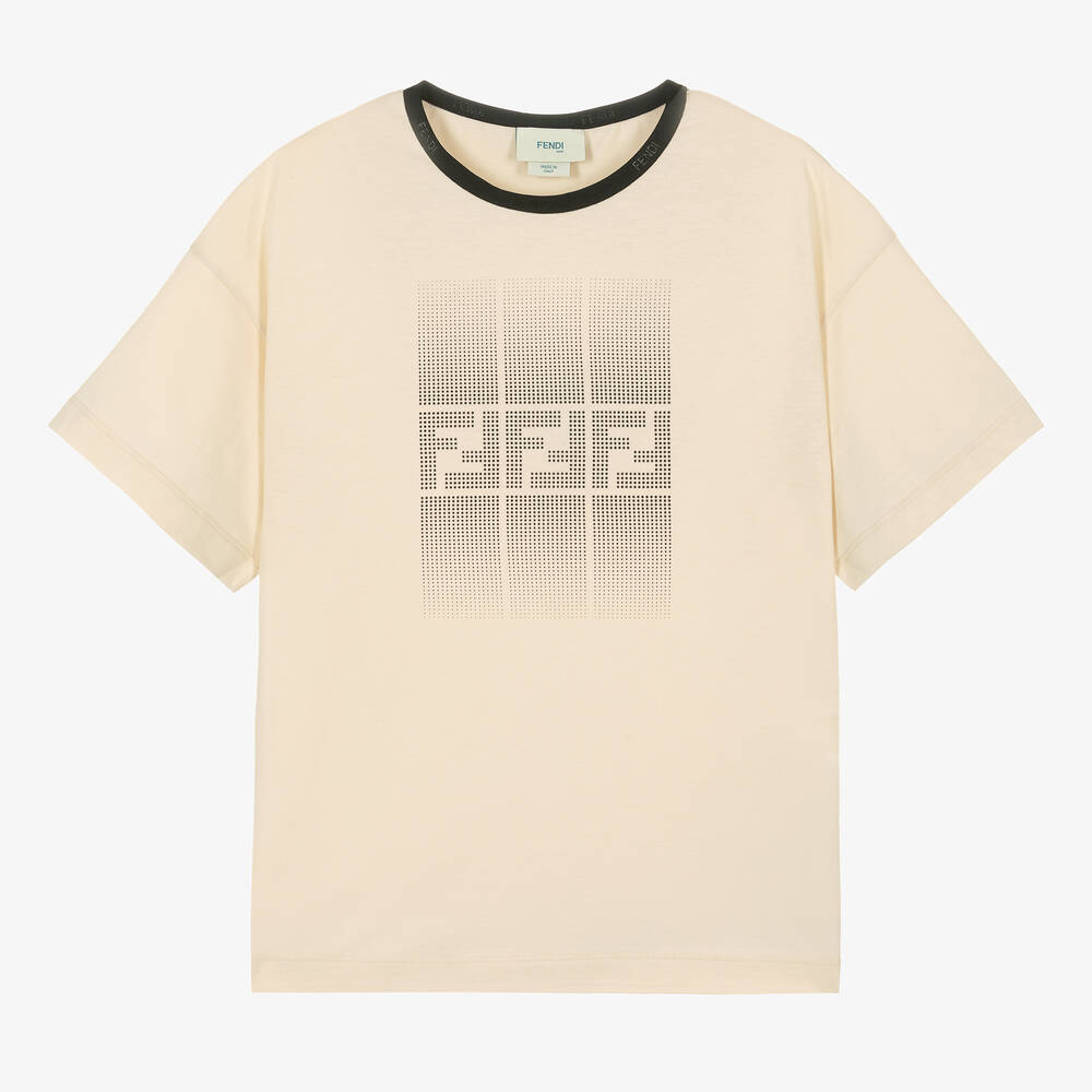 Fendi Teen Boys Beige Cotton Ff Logo T-shirt In Neutral