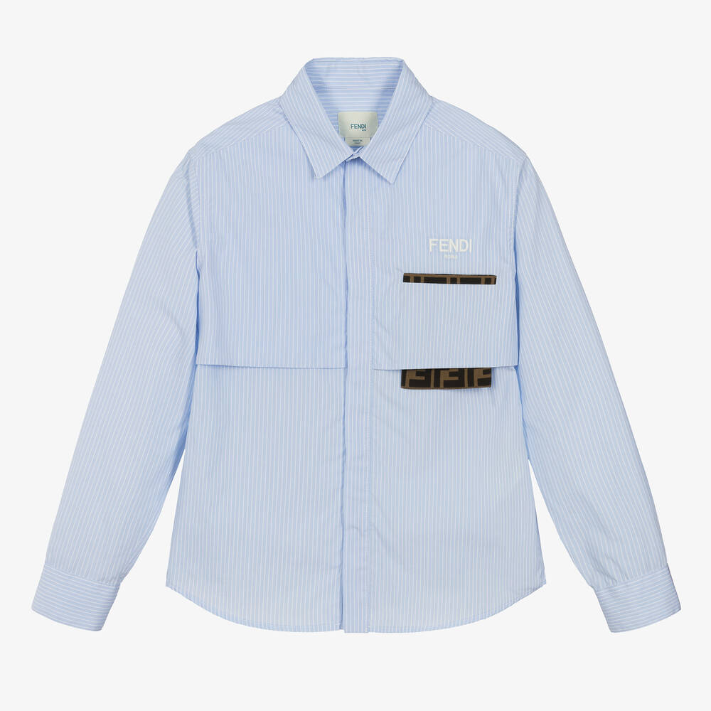 Fendi - Teen Boys Blue Cotton FF-Pocket Shirt | Childrensalon