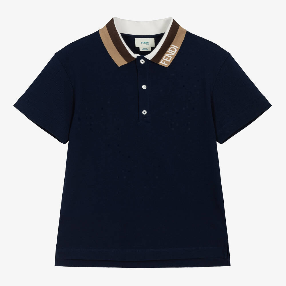 Fendi - Синяя рубашка поло из хлопка с воротником в технике интарсия для подростков | Childrensalon