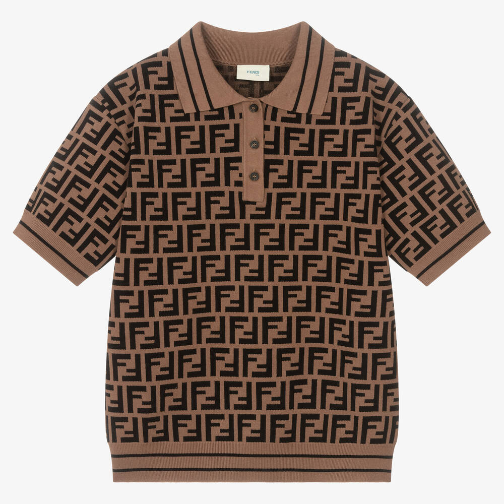 Fendi Teen Boys Brown Logo Knitted Polo Shirt