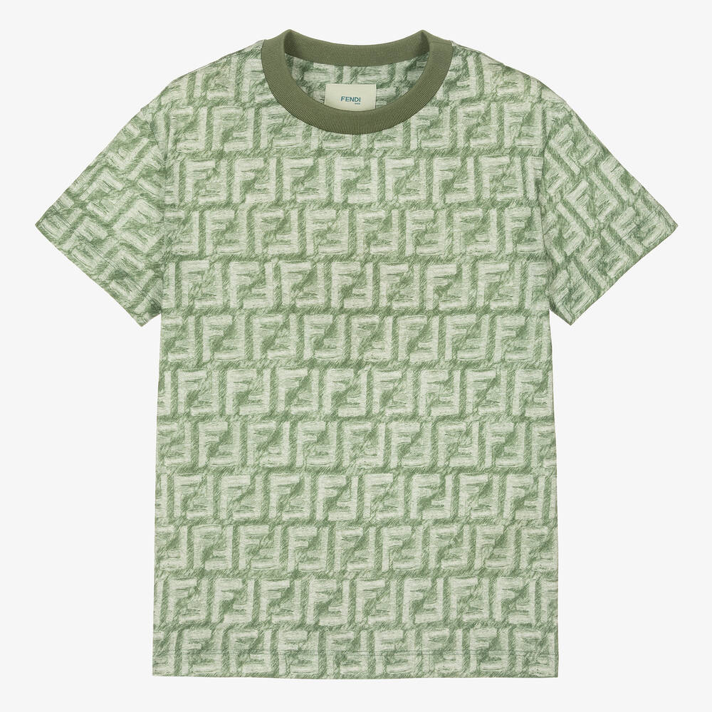 Fendi Teen Boys Green Ff Logo Cotton T-shirt