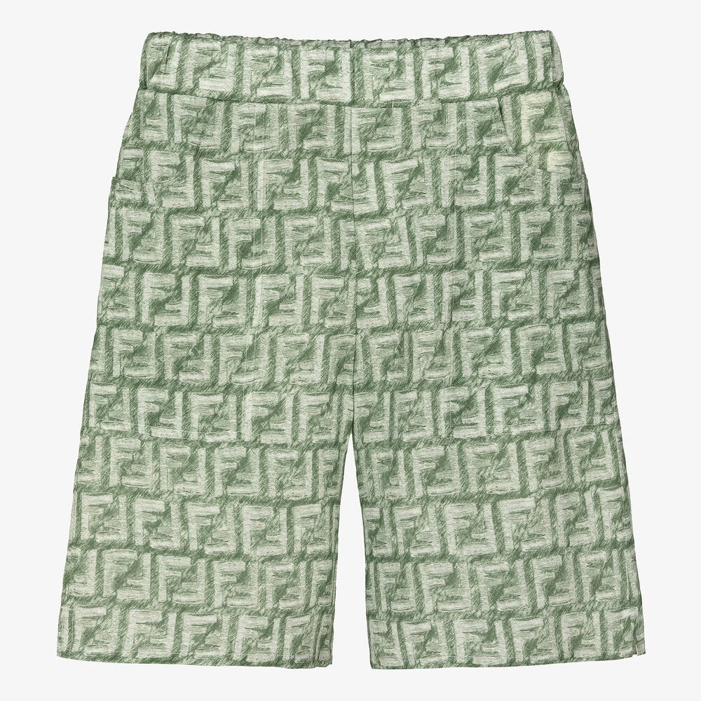 Fendi - Teen Boys Green Linen FF Logo Shorts | Childrensalon