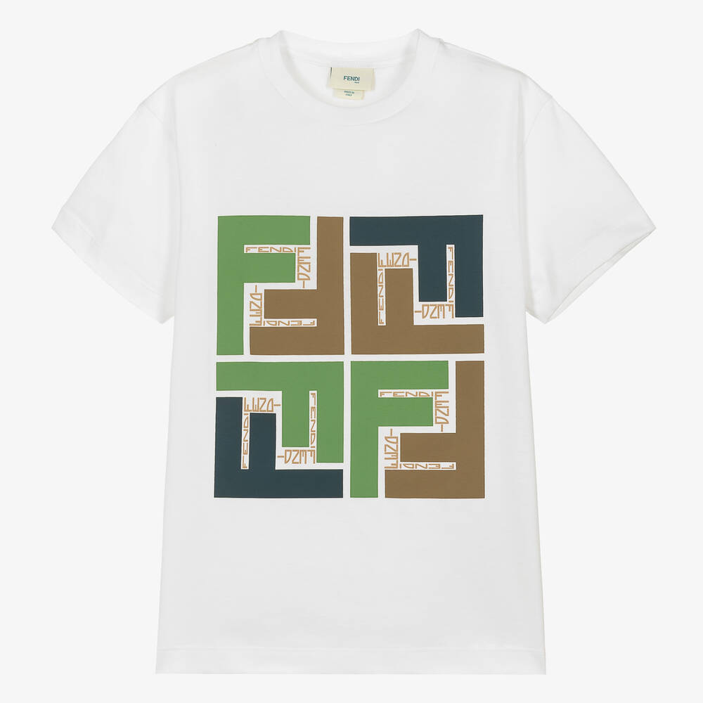 Fendi - تيشيرت بشعار FF لون أوف وايت وأخضر للمراهقين | Childrensalon