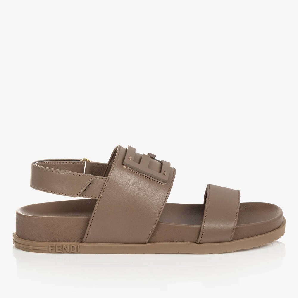 Fendi Teen Brown Leather Ff Sandals In Grey