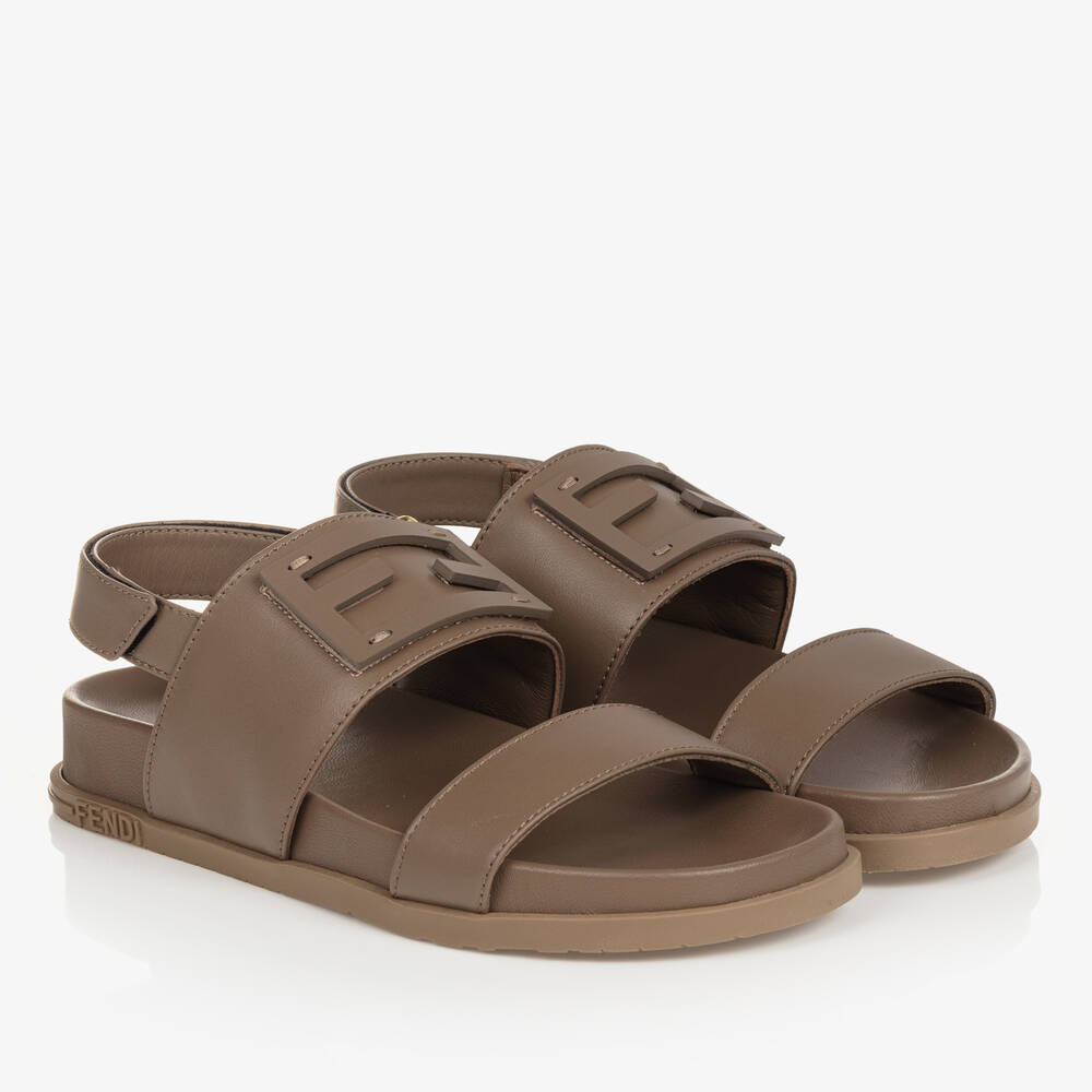 Fendi - Teen Brown Leather FF Sandals | Childrensalon