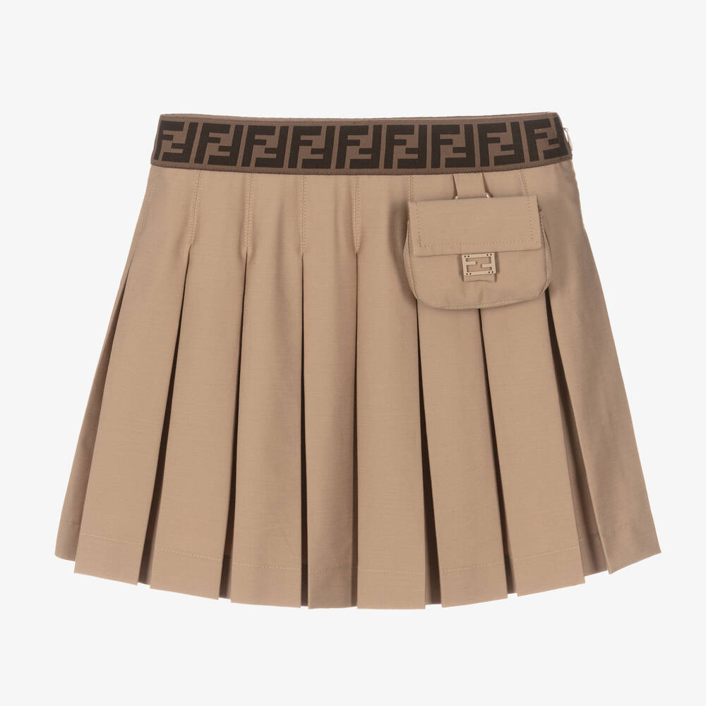 Shop Fendi Teen Girls Beige Cotton Pleated Skirt