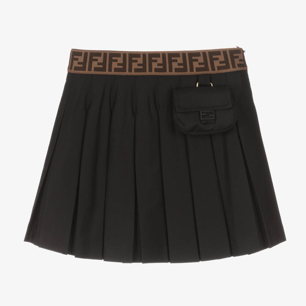 Shop Fendi Teen Girls Black Cotton Pleated Skirt
