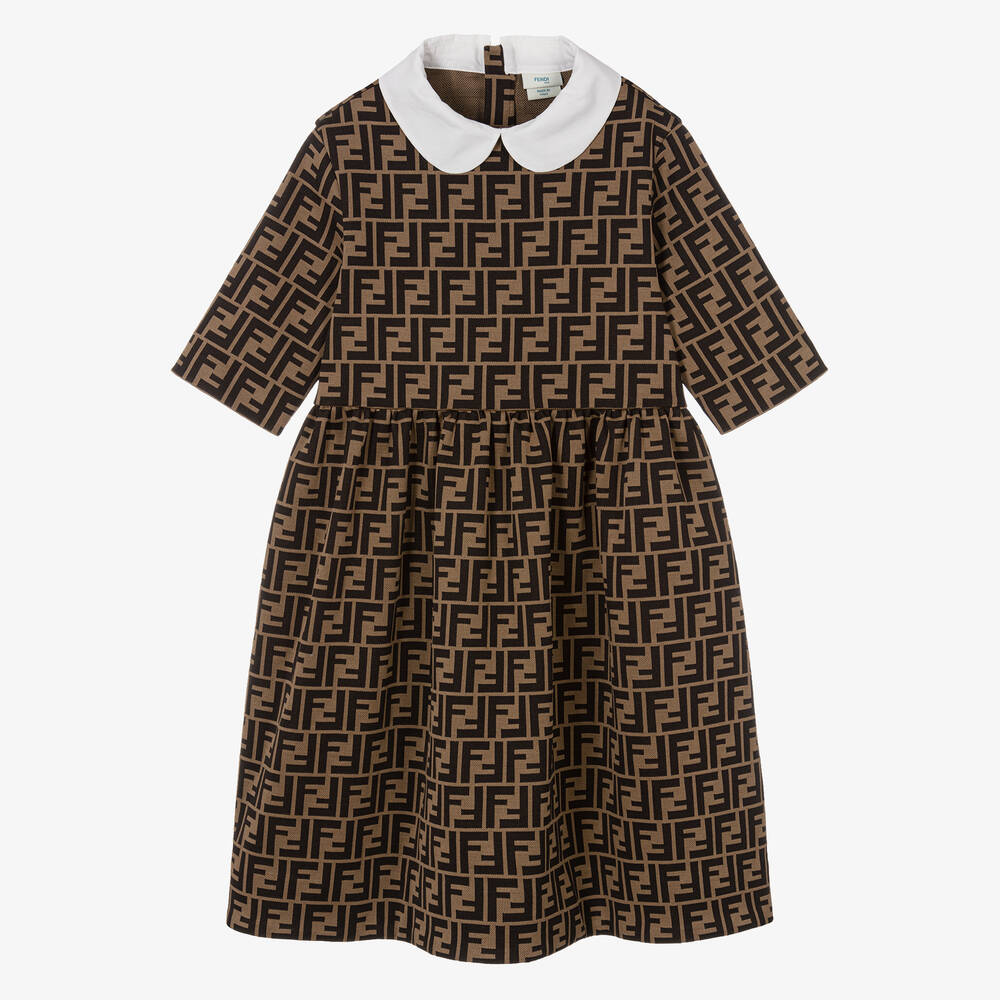 Fendi - Коричневое жаккардовое платье с принтом FF для подростков | Childrensalon