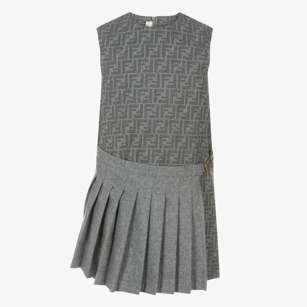 Shop Fendi Teen Girls Grey Ff Wool Flannel Dress