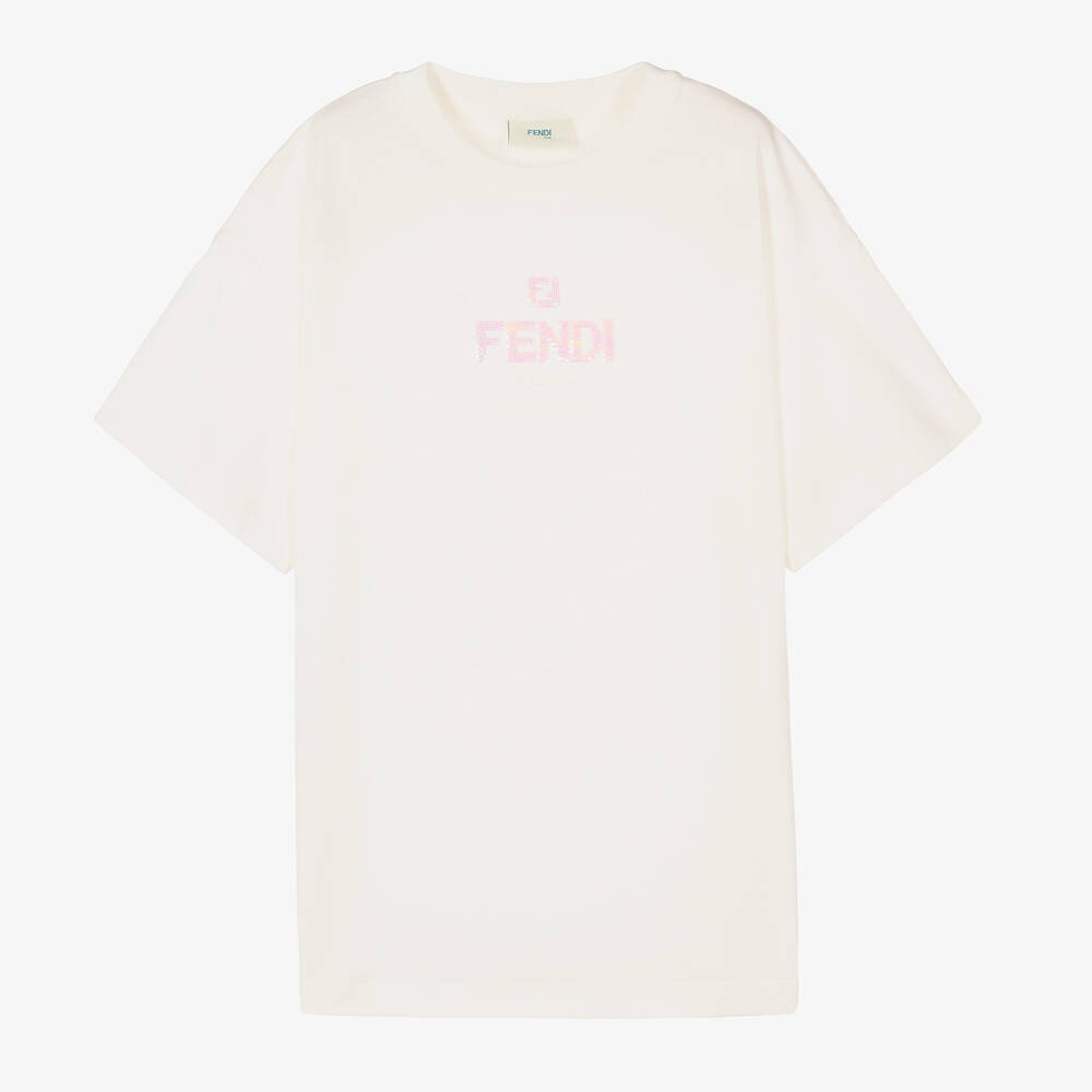Fendi - Кремовая футболка с логотипом из пайеток | Childrensalon