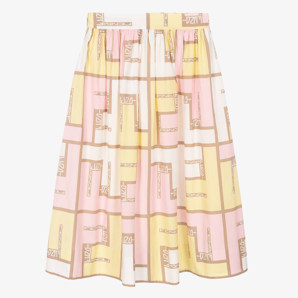 Fendi Teen Girls Long Yellow Cotton Ff Skirt In Multi