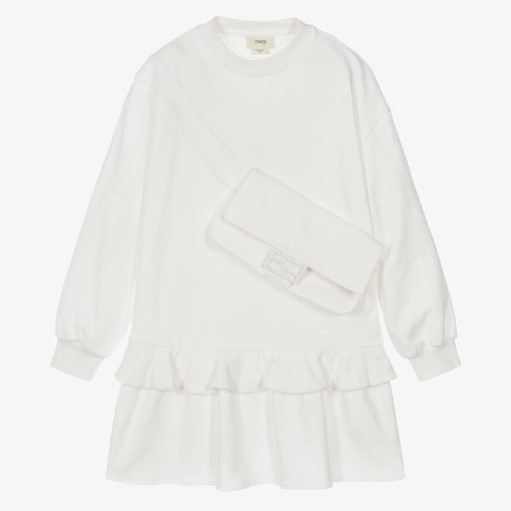Fendi - Белое хлопковое платье с сумкой-багетом для девочек-подростков | Childrensalon
