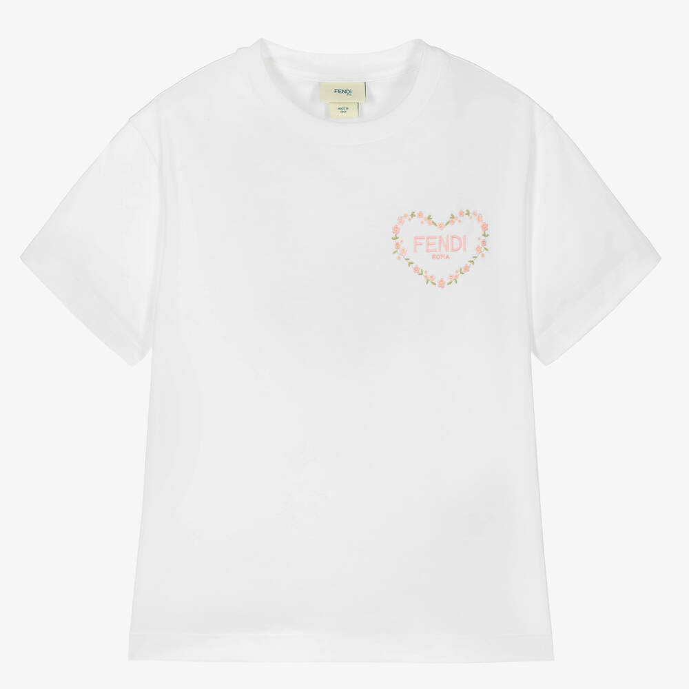 Fendi - Teen Girls White Cotton Embroidered T-Shirt | Childrensalon