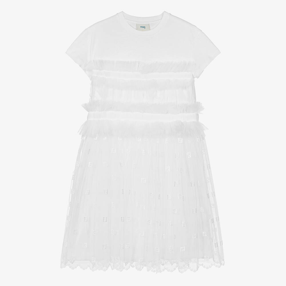 Fendi Teen Girls White Cotton Tulle Logo Dress