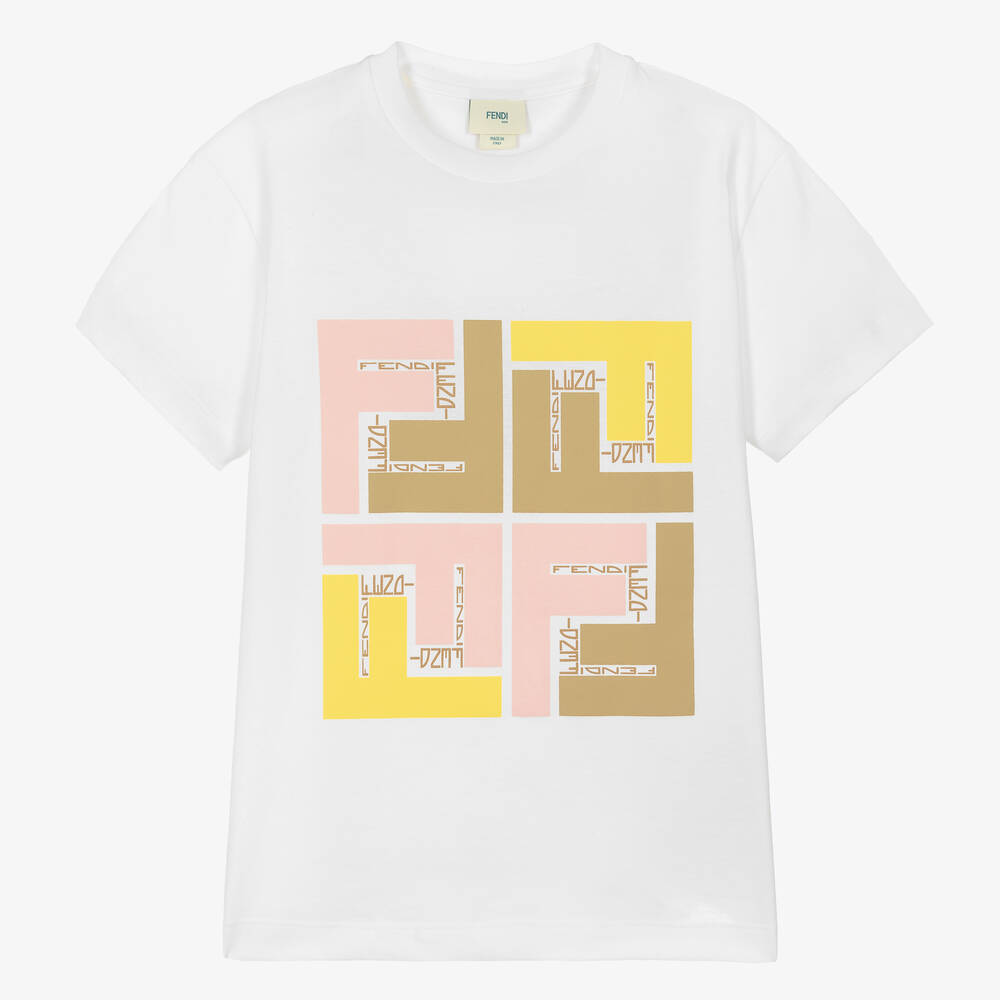 Fendi - تيشيرت بشعار FF قطن لون أوف وايت وزهري | Childrensalon