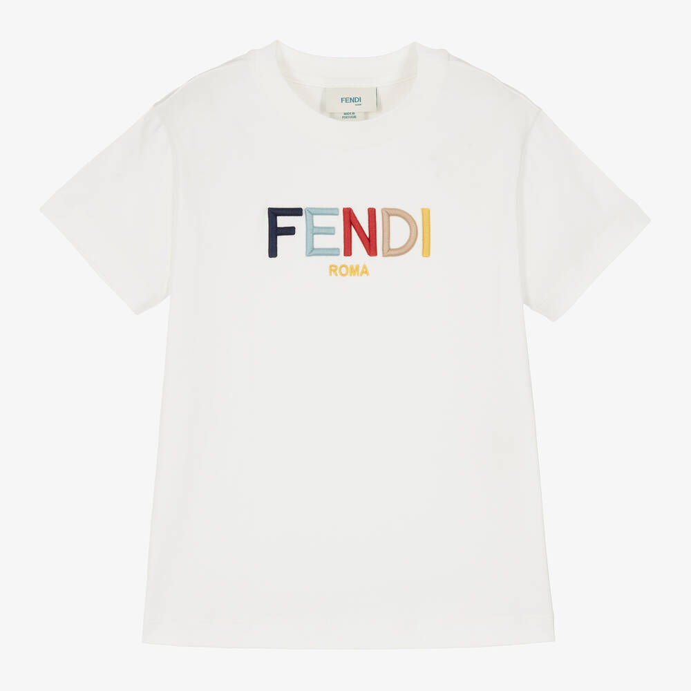 Fendi - White Cotton Embroidered T-Shirt | Childrensalon