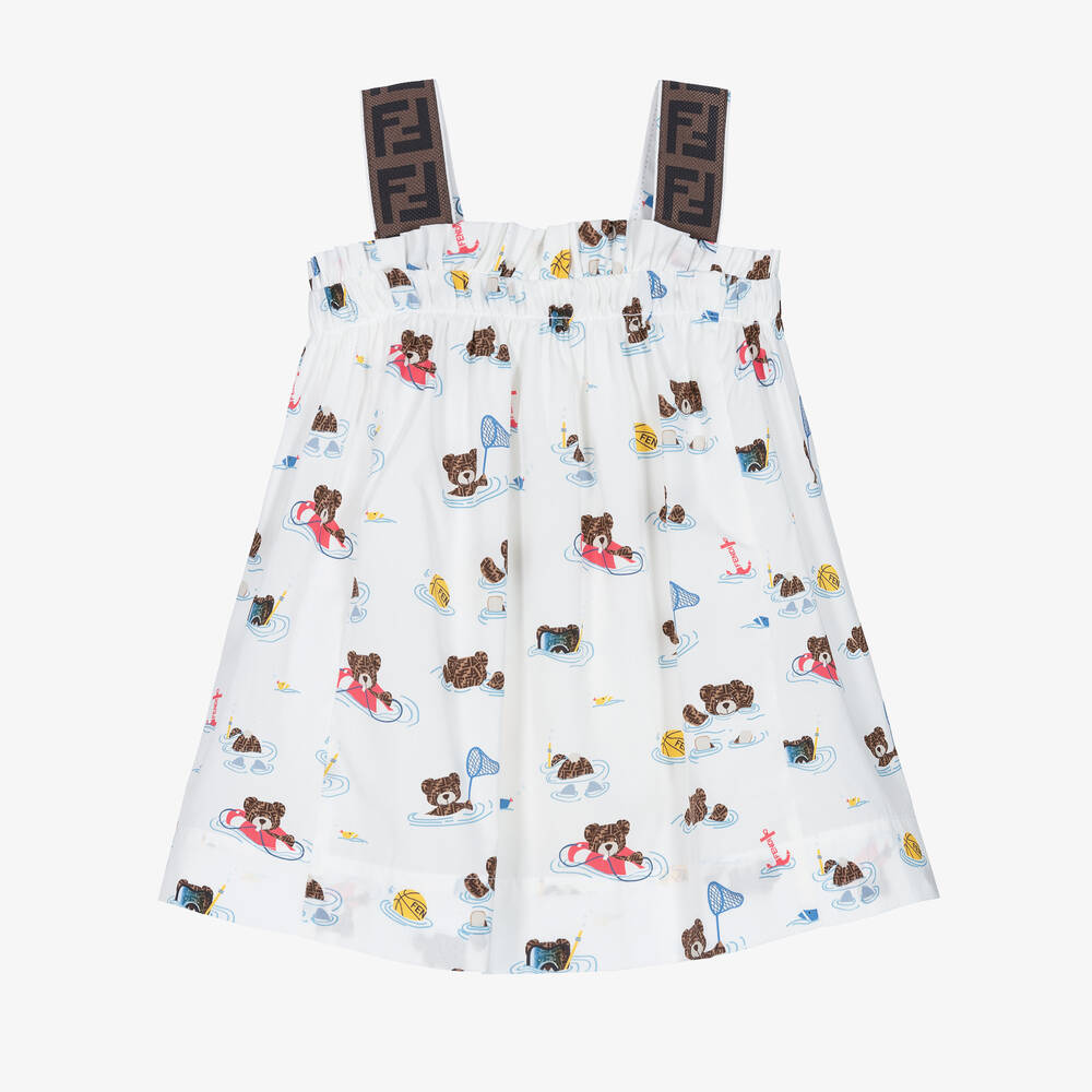 Fendi - White Cotton Teddy Bear Baby Dress | Childrensalon