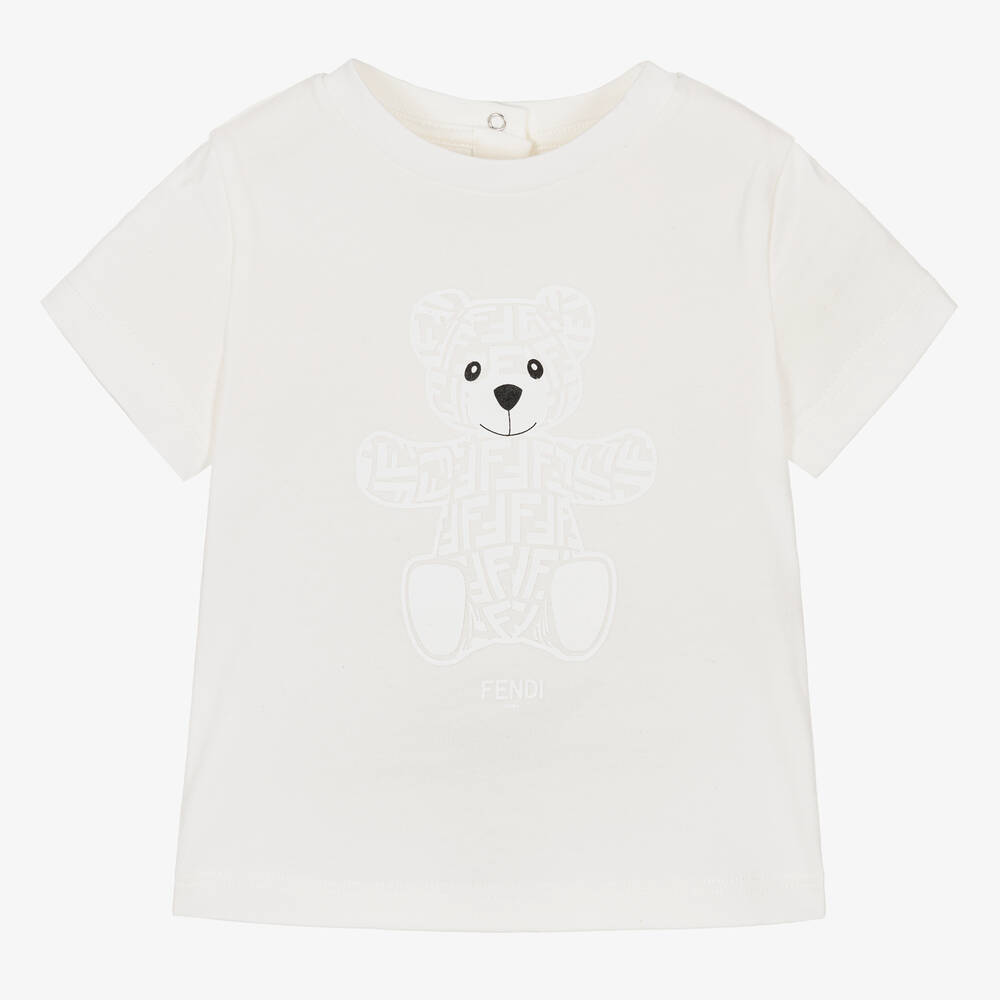 Fendi - Weißes Baumwoll-T-Shirt mit FF-Bär | Childrensalon