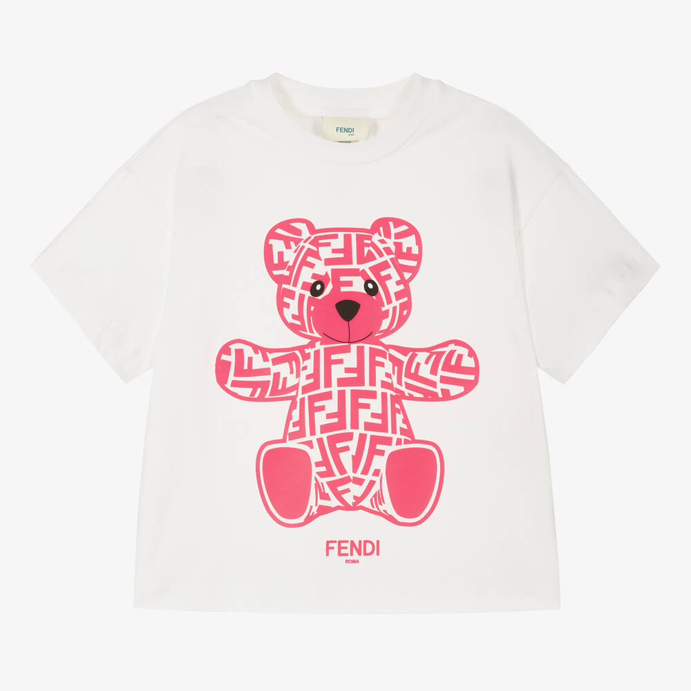 Fendi - FF Teddy-T-Shirt in Weiß und Rosa | Childrensalon