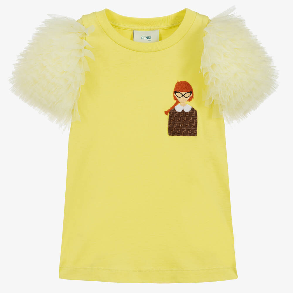 Fendi Kids' Girls Yellow Cotton & Tulle T-shirt