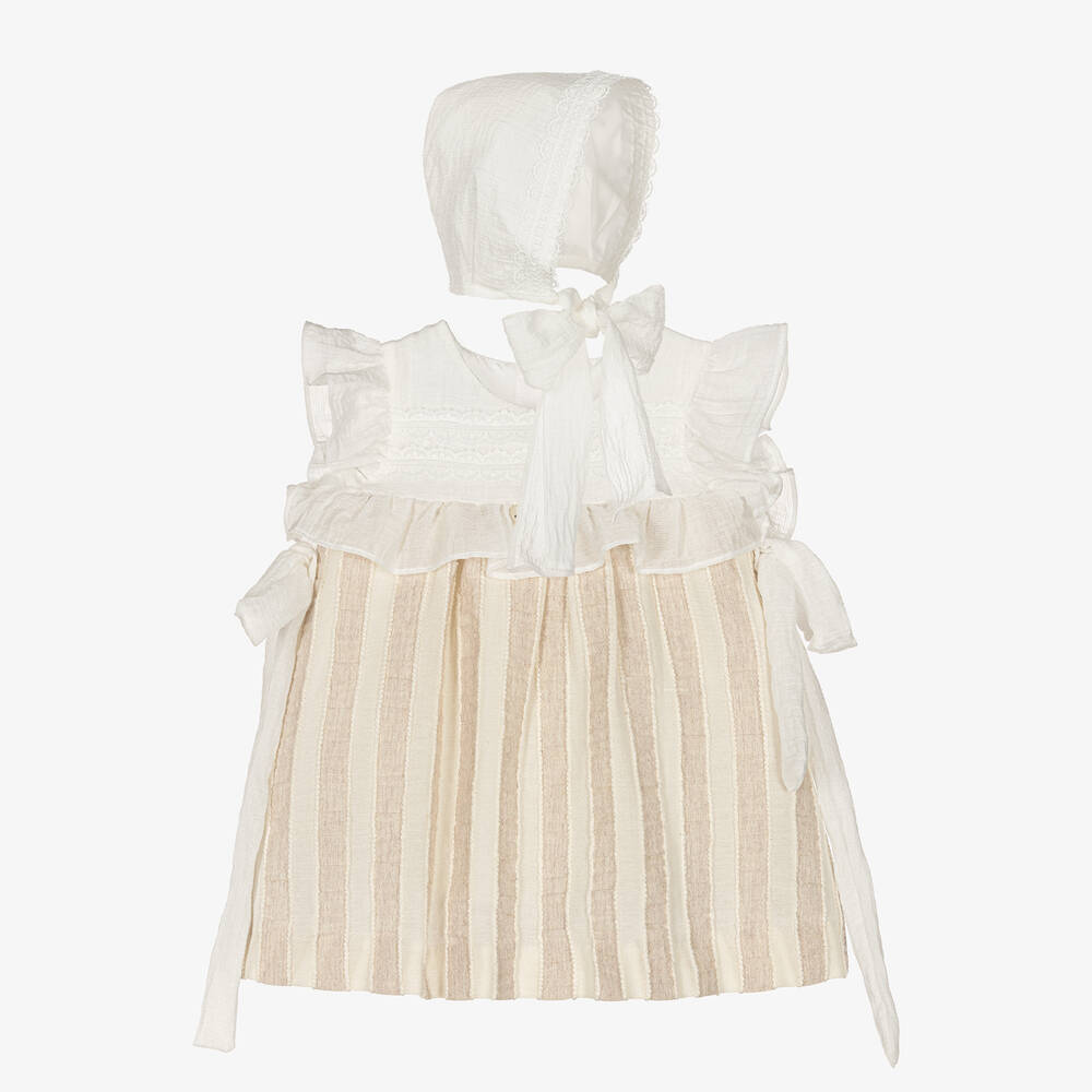Foque Baby Girls Beige Striped Cotton Dress Set