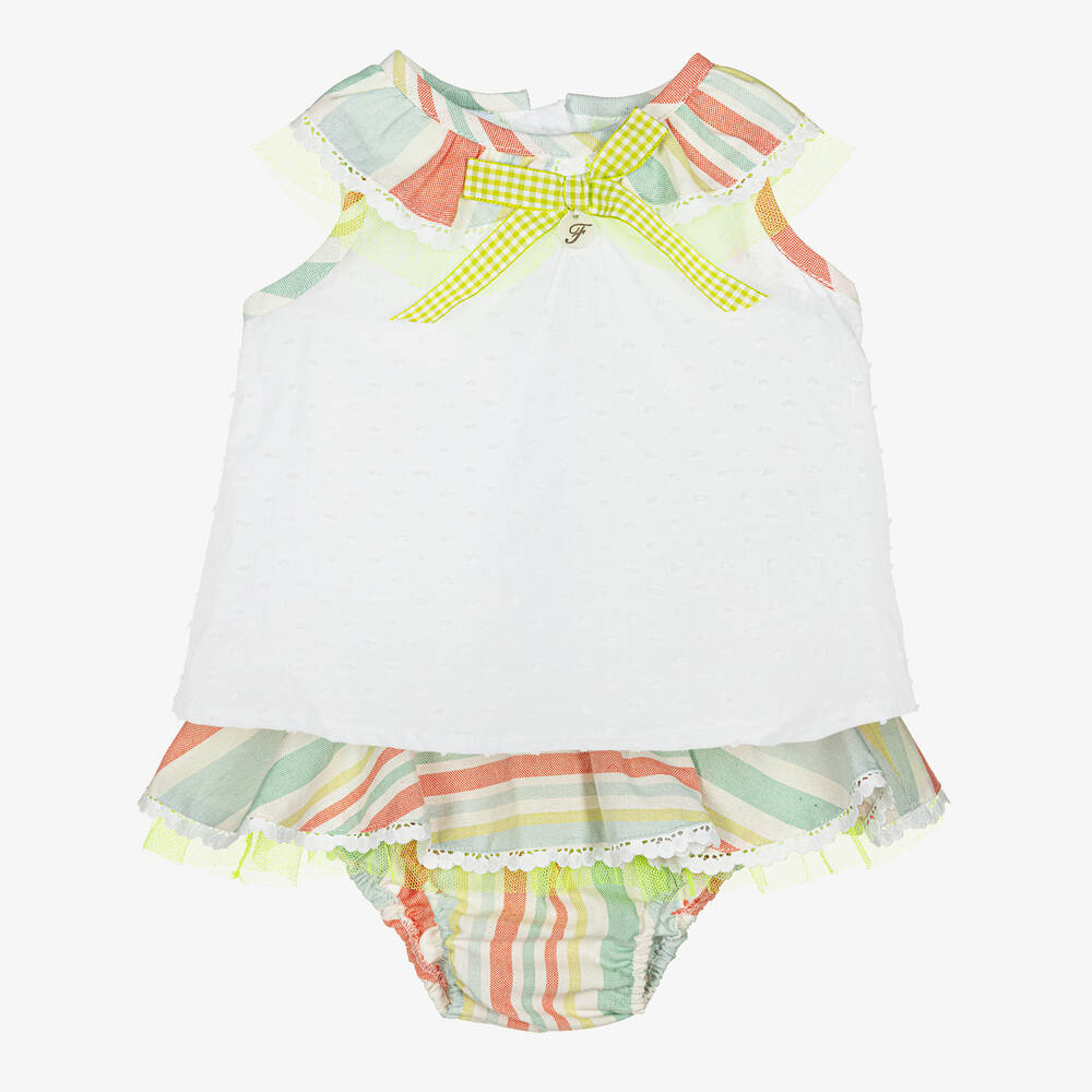 Foque - Baby Girls White Stripe Cotton Shorts Set | Childrensalon