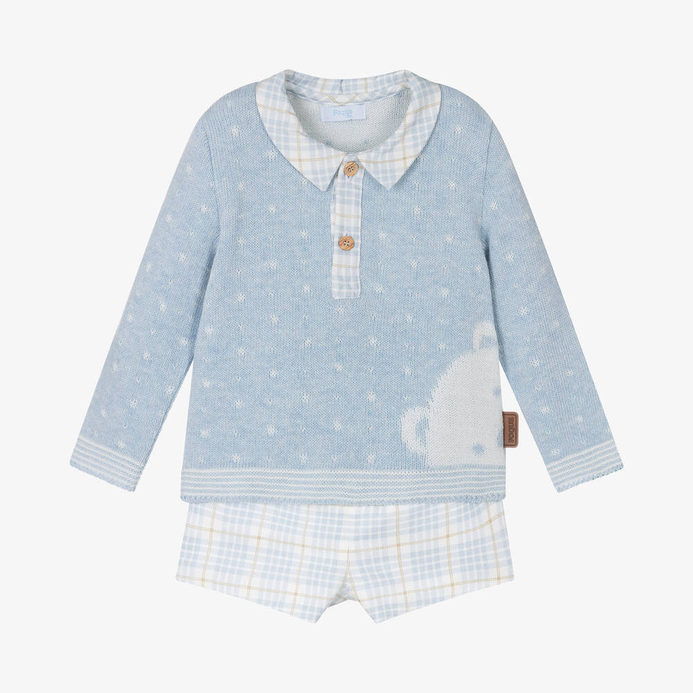 Foque - Boys Blue Checked Cotton Shorts Set | Childrensalon