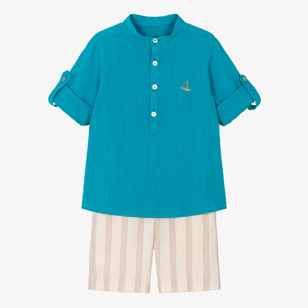 Foque - Boys Blue Shirt & Beige Shorts Set | Childrensalon