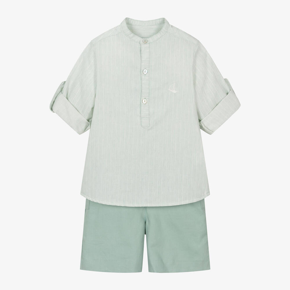 Foque - Boys Green Cotton & Linen Shorts Set | Childrensalon