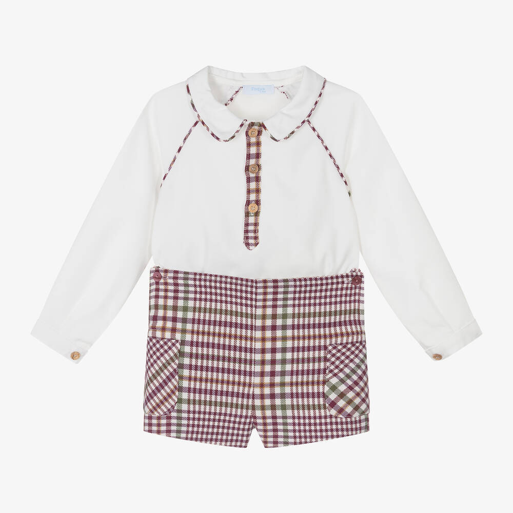 Foque - Boys Red Tartan Cotton Shorts Set | Childrensalon