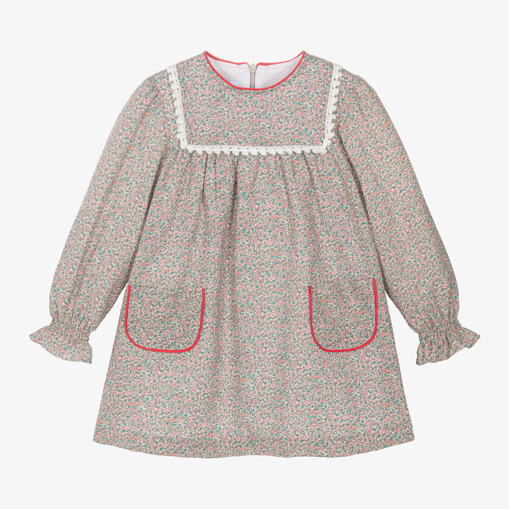 Foque - Girls Beige Floral Cotton Dress | Childrensalon