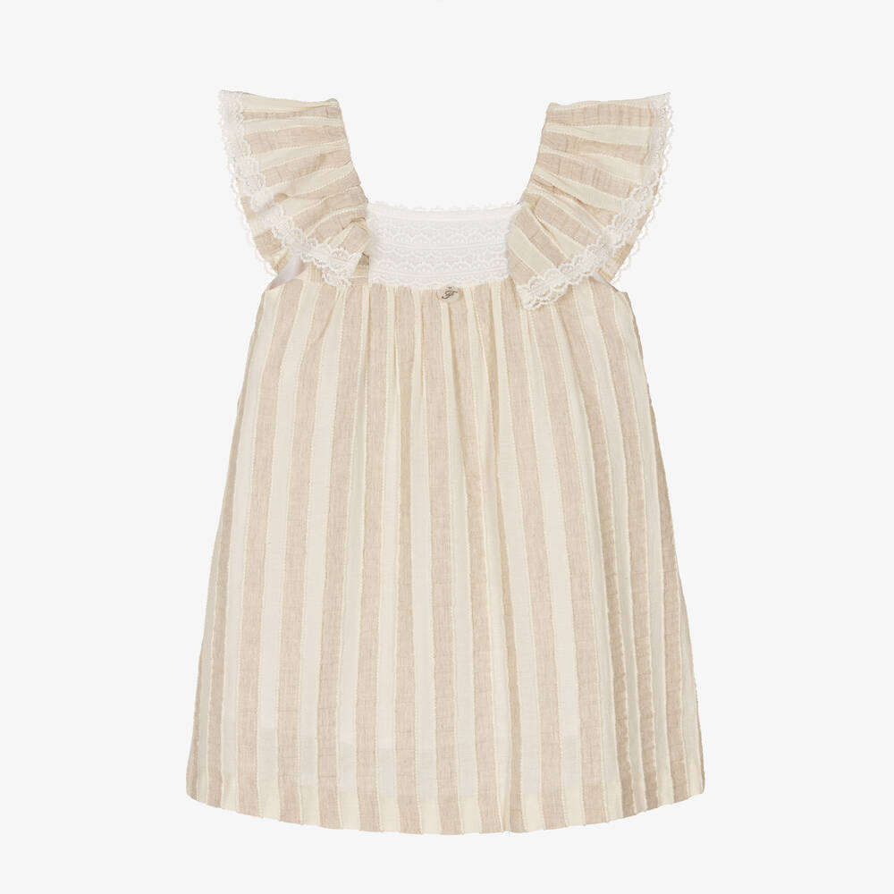 Foque - Girls Beige Striped Cotton Dress | Childrensalon
