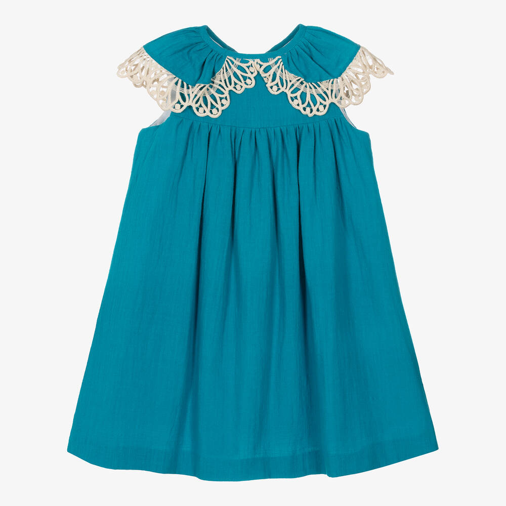 Foque - Girls Blue Cotton Lace Frill Dress | Childrensalon