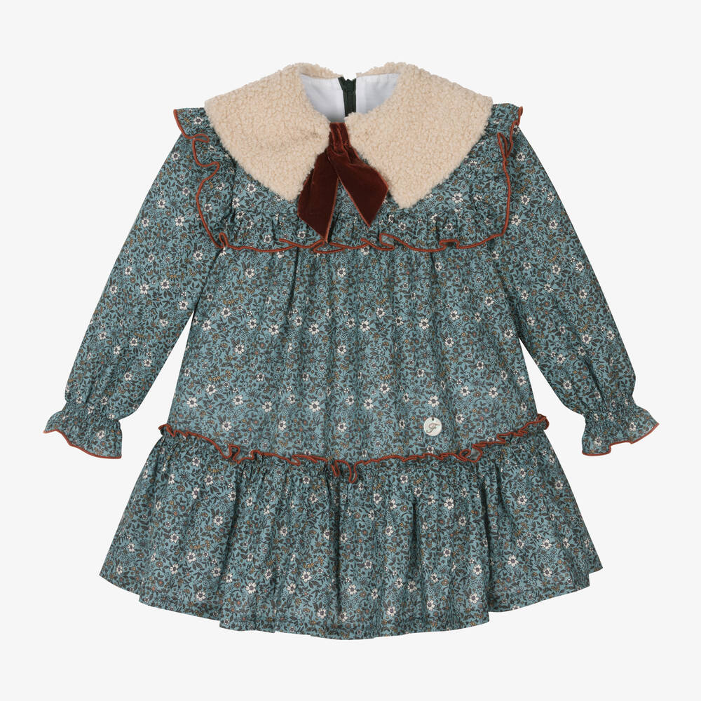 Foque - Girls Blue Floral Cotton & Sherpa Dress | Childrensalon