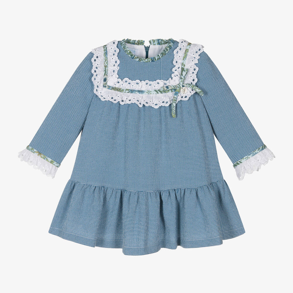 Foque - Girls Blue Viscose Gingham Dress | Childrensalon