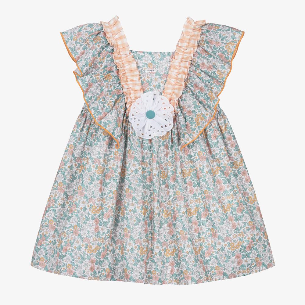 Foque - Girls Green Floral Cotton & Linen Dress | Childrensalon