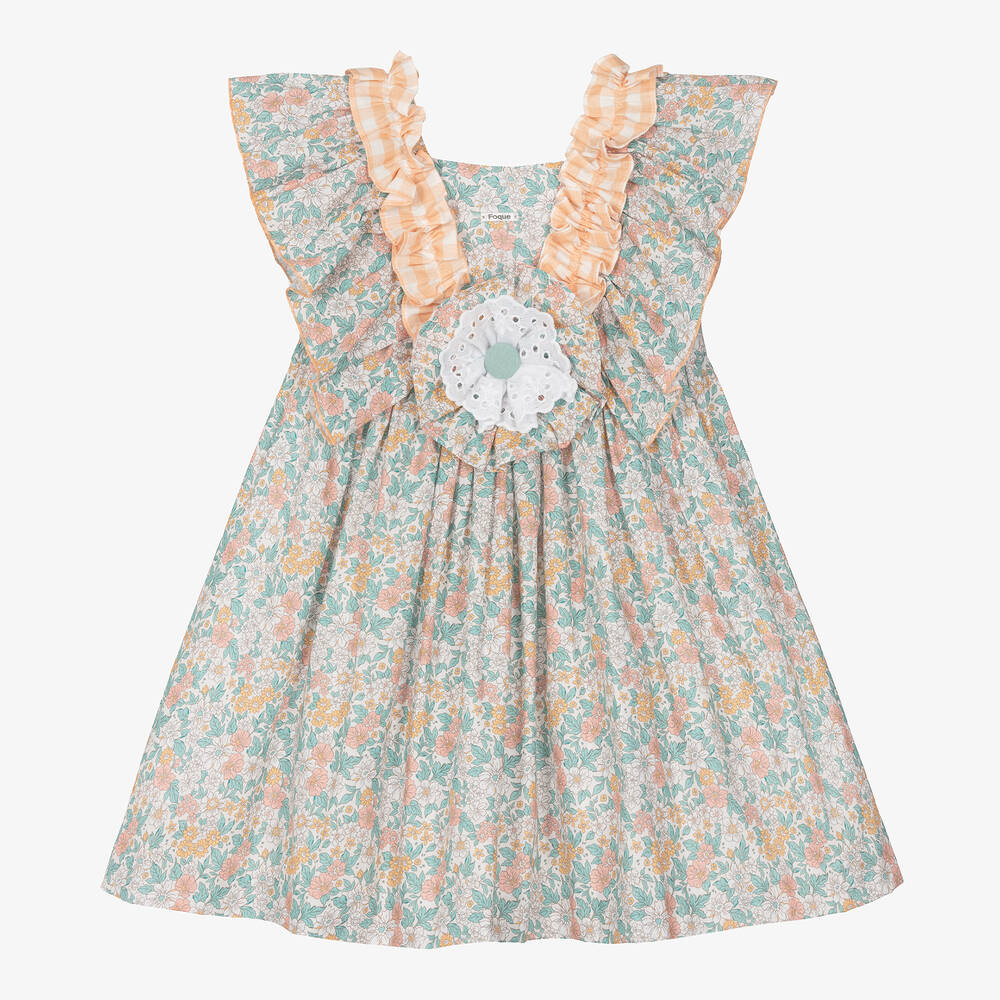 Shop Foque Girls Green Floral Cotton & Linen Dress