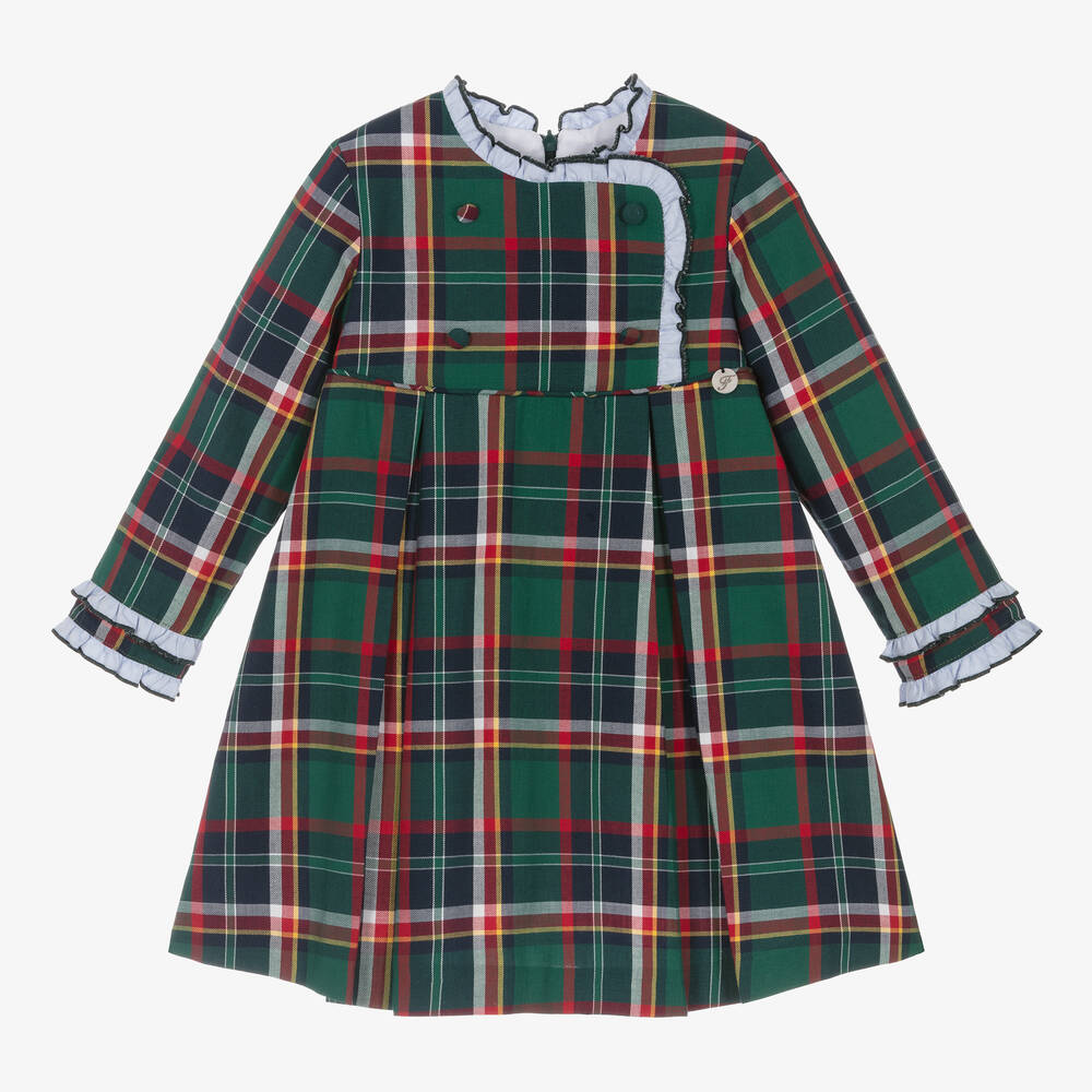 Foque - Girls Green Tartan Cotton Ruffles Dress | Childrensalon