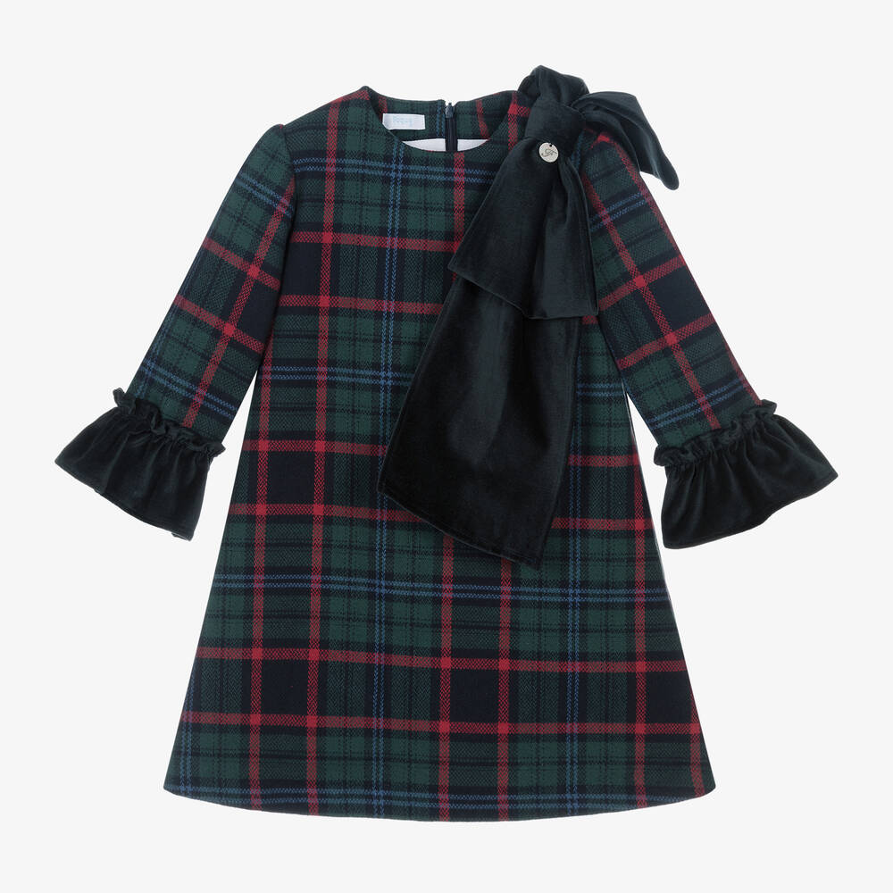 Foque - Girls Green Tartan & Velvet Bow Dress | Childrensalon