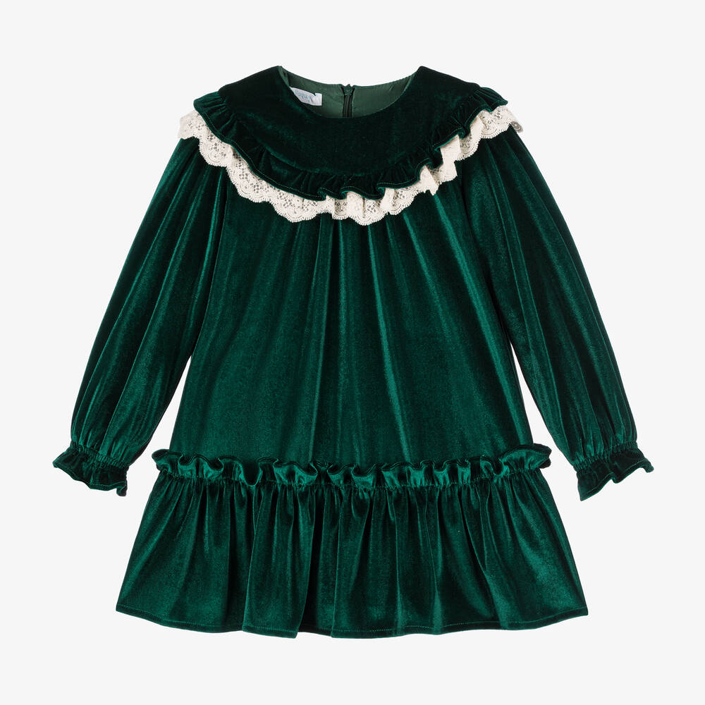 Foque - Girls Green Velour Dress | Childrensalon