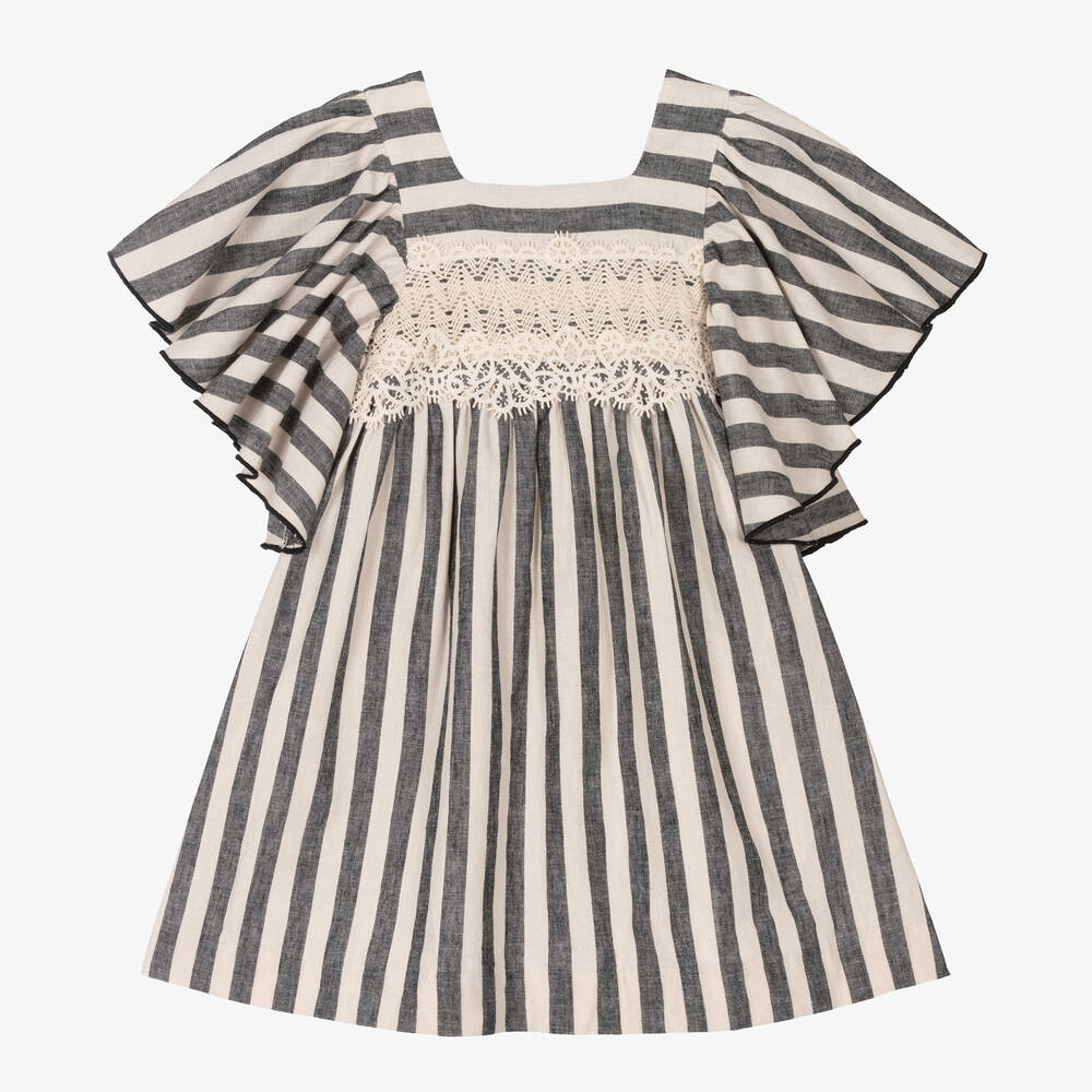 Foque - Girls Ivory & Black Striped Linen Dress | Childrensalon