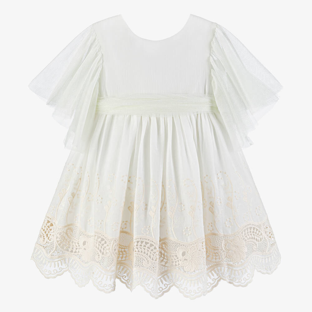 Foque - Girls Ivory Embroidered Cotton Dress | Childrensalon