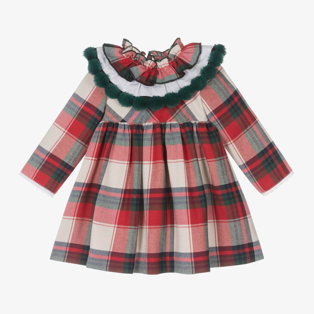 Foque - Girls Red Tartan Pom-Pom Dress | Childrensalon