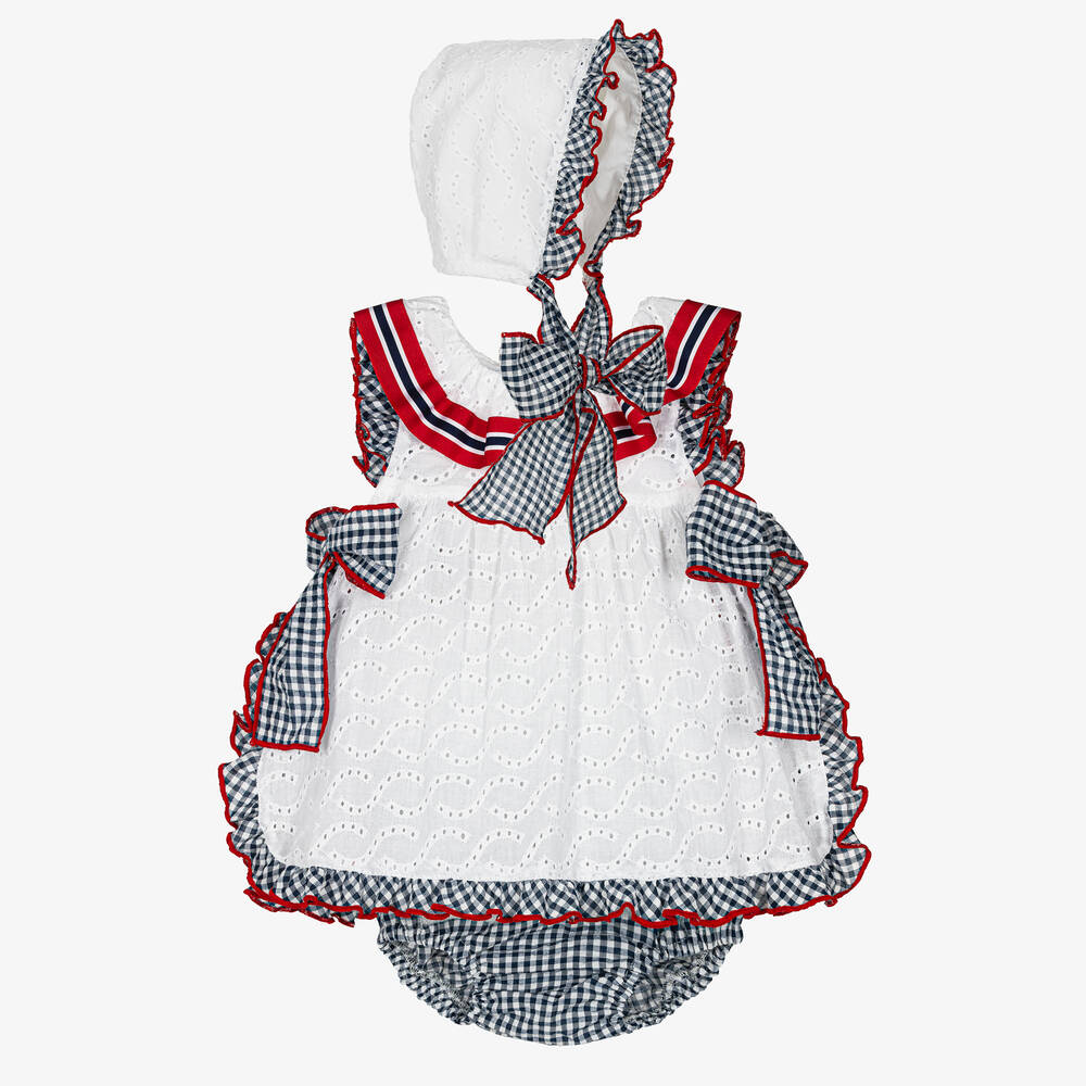 Foque - طقم فستان مزيج قطن برودوري لون أبيض وكحلي | Childrensalon