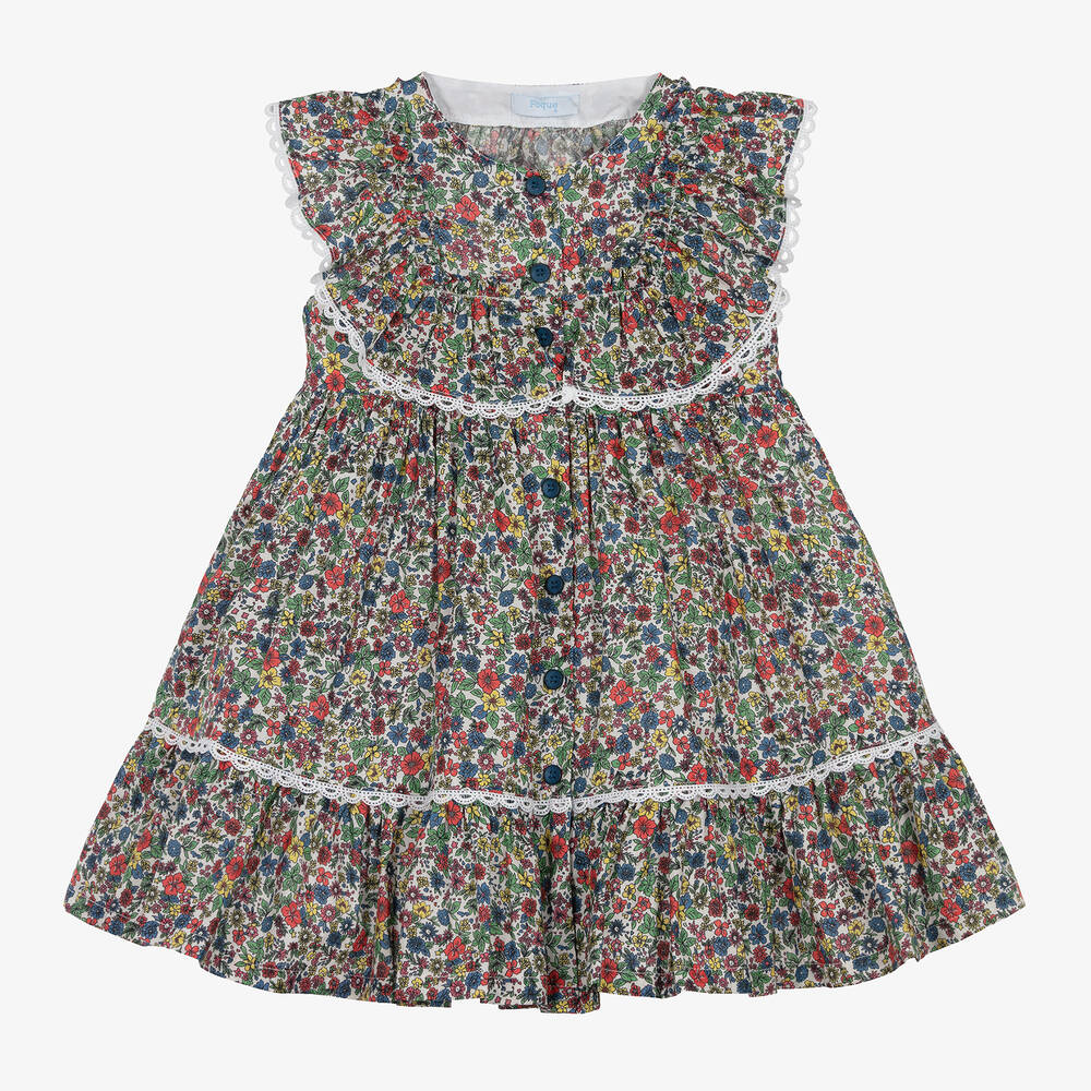 Foque - Бело-голубое платье из хлопка в цветочек для девочек | Childrensalon