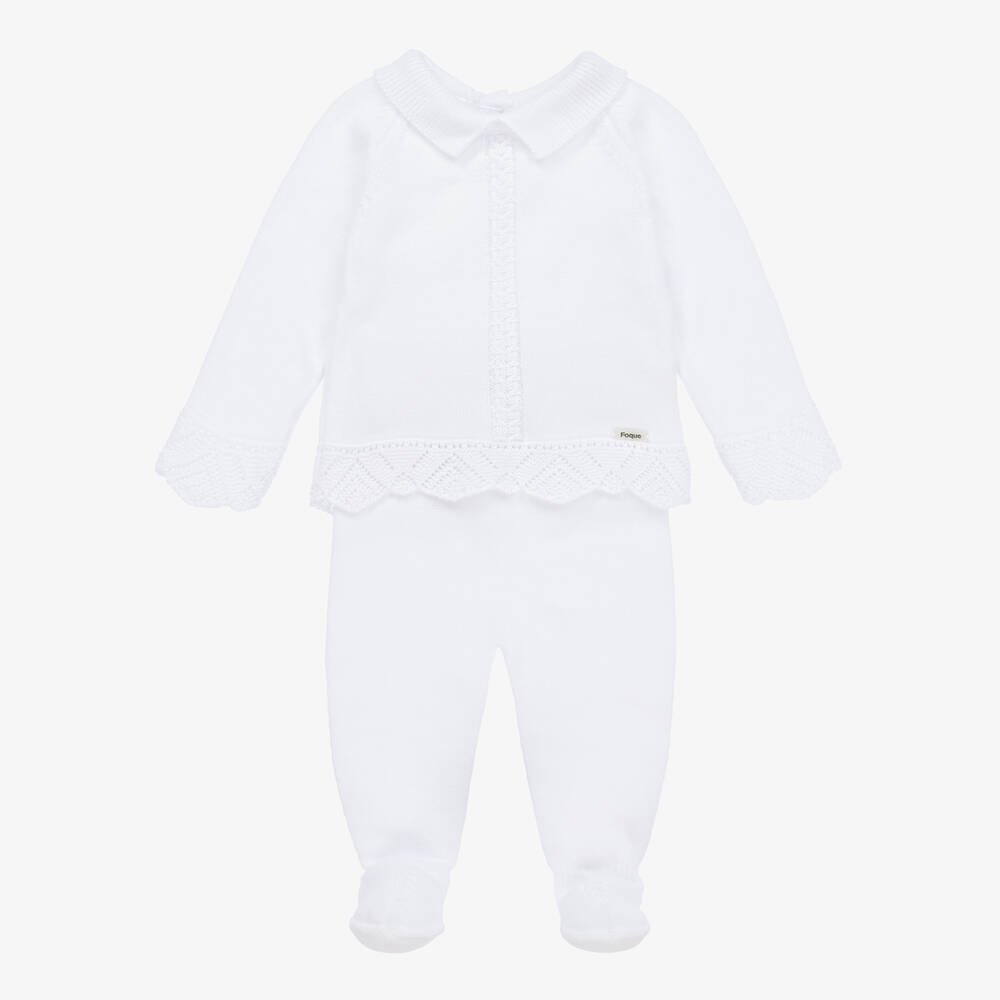 Foque - White Cotton Knit 2 Piece Babygrow | Childrensalon