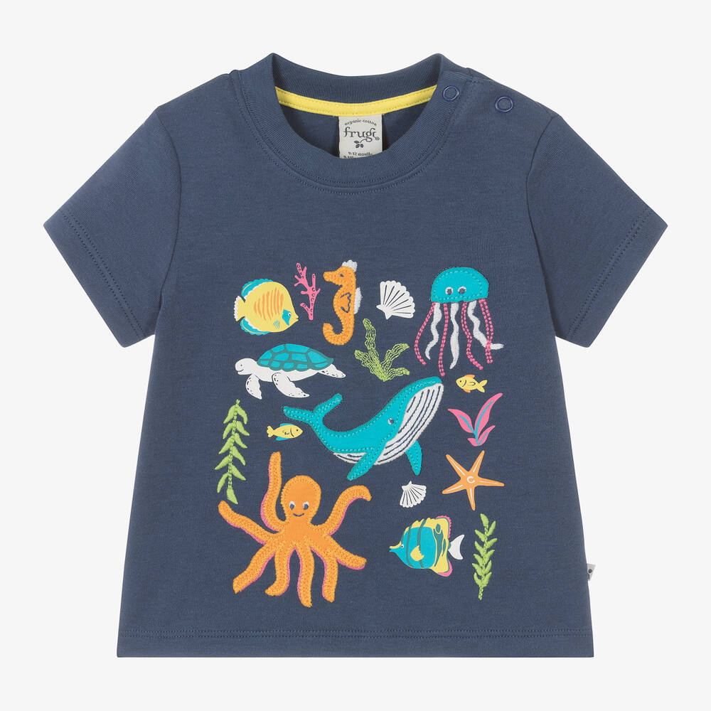 Frugi - Blue Organic Cotton Sea Creature T-Shirt | Childrensalon